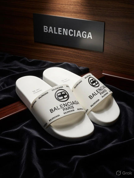 White Cushioned Slide Sandals with Bold Black Graphic Design