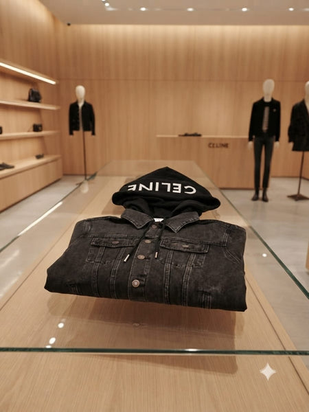 Men Premium Black Denim Jacket with Hood & Signature Collar