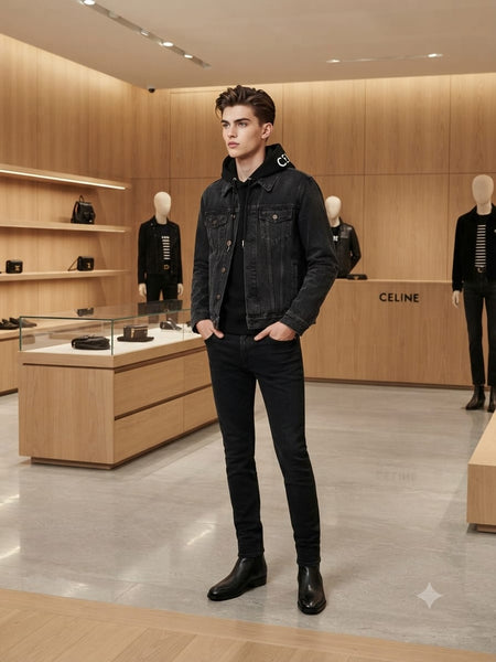 Men Premium Black Denim Jacket with Hood & Signature Collar