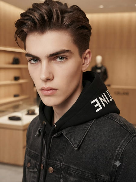 Men Premium Black Denim Jacket with Hood & Signature Collar
