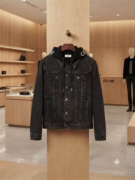 Men Premium Black Denim Jacket with Hood & Signature Collar