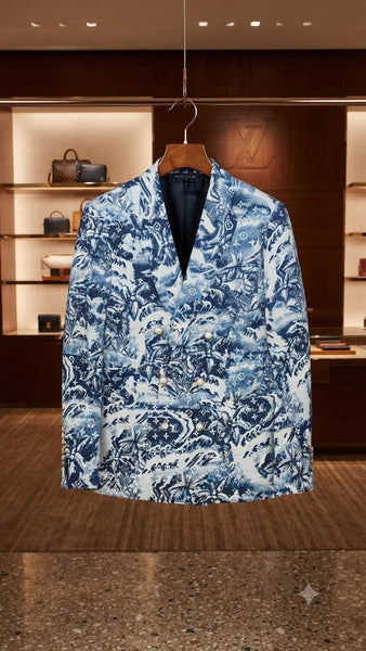 Men Premium Blue & White Floral Printed Double-Breasted Blazer