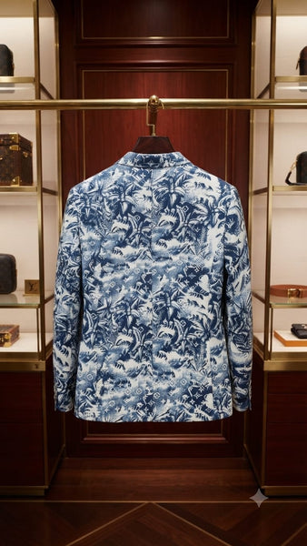 Men Premium Blue & White Floral Printed Double-Breasted Blazer
