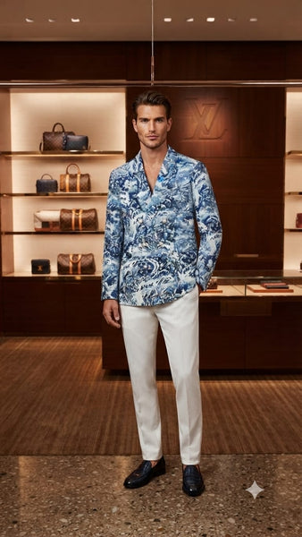 Men Premium Blue & White Floral Printed Double-Breasted Blazer