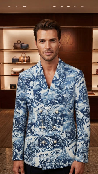 Men Premium Blue & White Floral Printed Double-Breasted Blazer