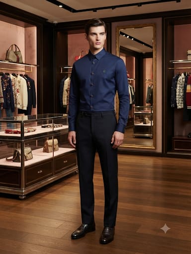 Men Premium Navy Blue Full-Sleeve Casual Shirt with Signature Logo