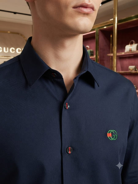 Men Premium Navy Blue Full-Sleeve Casual Shirt with Signature Logo