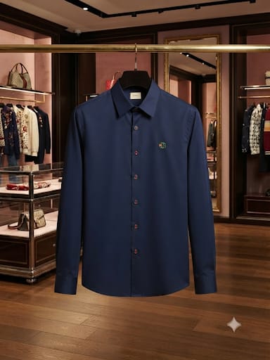 Men Premium Navy Blue Full-Sleeve Casual Shirt with Signature Logo