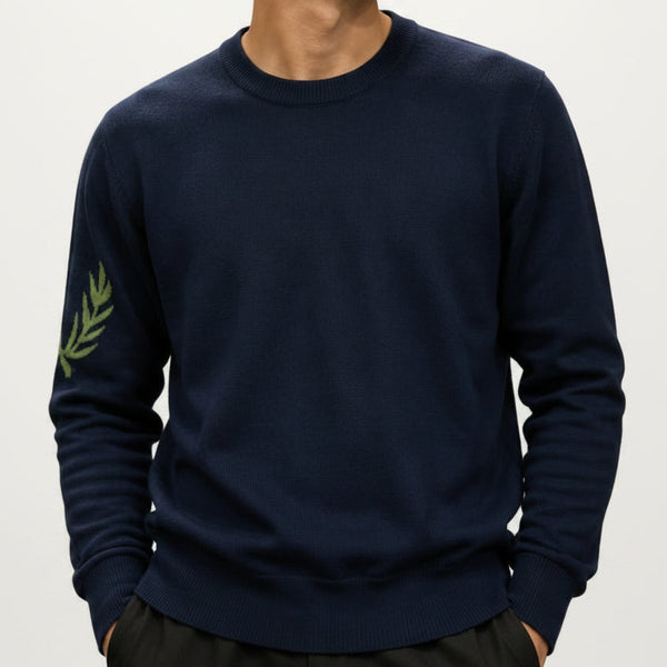 Men Premium Navy Blue Crew Neck Full Sleeve Sweater with Sleeve Embroidery