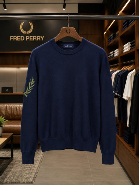 Men Premium Navy Blue Crew Neck Full Sleeve Sweater with Sleeve Embroidery