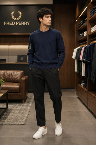 Men Premium Navy Blue Crew Neck Full Sleeve Sweater with Sleeve Embroidery