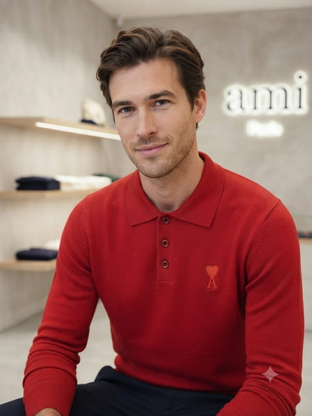 Men Premium Red Long Sleeve Polo Sweater with Classic Collar