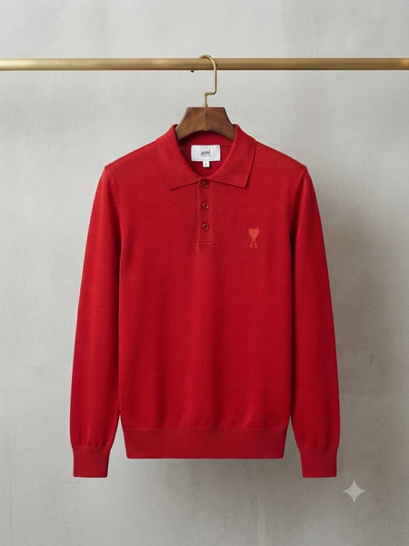 Men Premium Red Long Sleeve Polo Sweater with Classic Collar