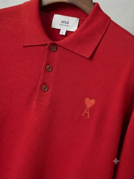 Men Premium Red Long Sleeve Polo Sweater with Classic Collar