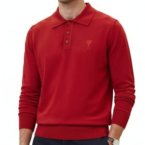 Men Premium Red Long Sleeve Polo Sweater with Classic Collar