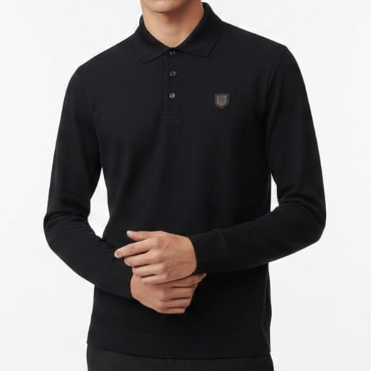 Men Black Long-Sleeve Polo Shirt