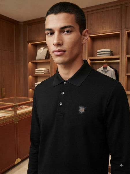 Men Black Long-Sleeve Polo Shirt