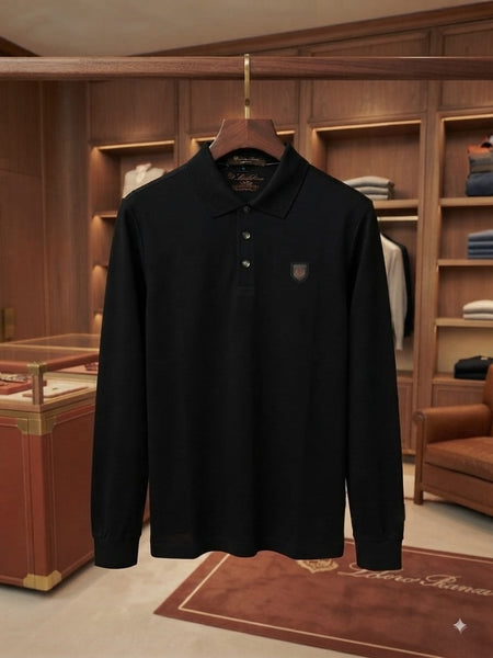 Men Black Long-Sleeve Polo Shirt