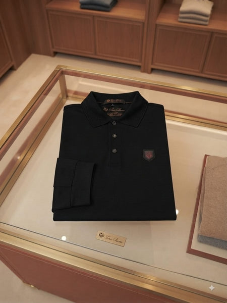 Men Black Long-Sleeve Polo Shirt