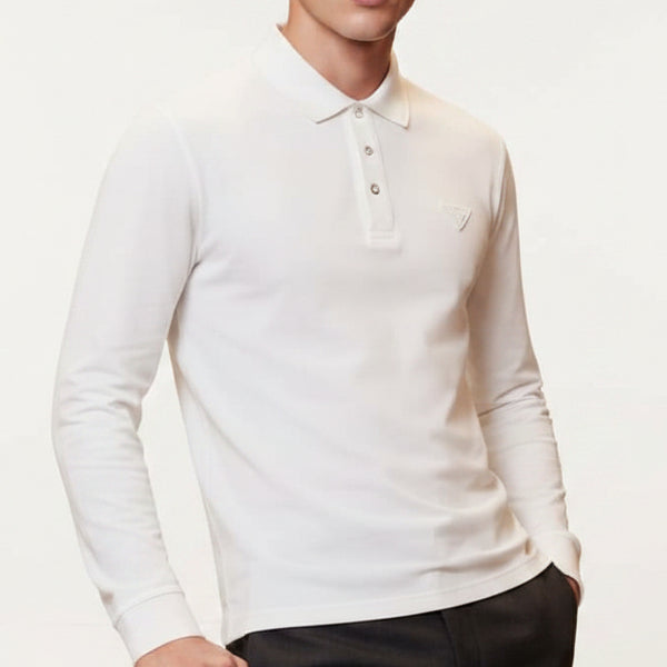 Men White Long-Sleeve Polo Shirt