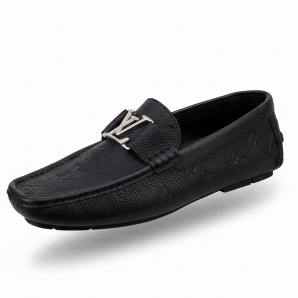 Men Black Textured Slip-On Loafers with Metal Emblem