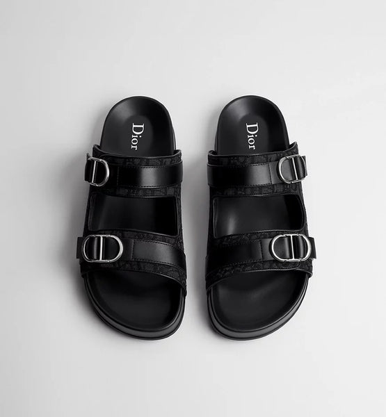 Men Black Double-Strap Buckle Slide Sandals