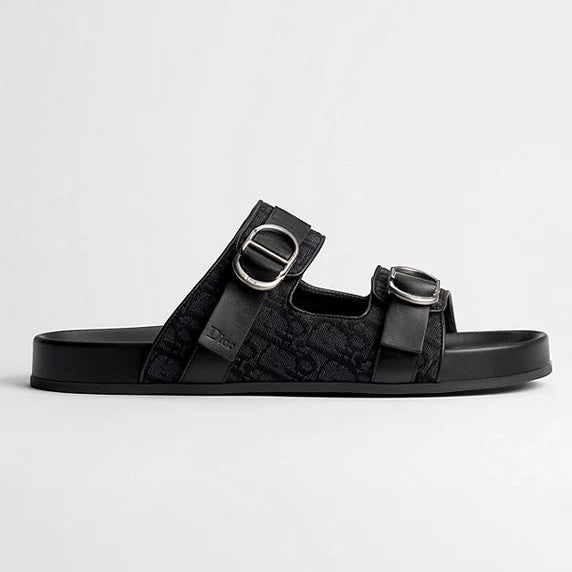 Men Black Double-Strap Buckle Slide Sandals