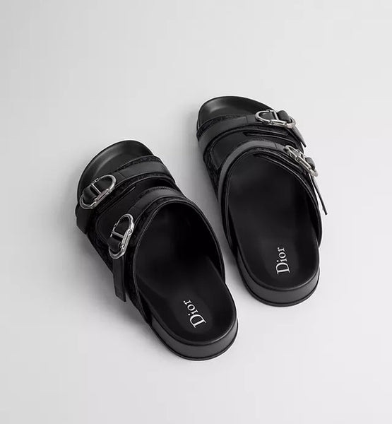 Men Black Double-Strap Buckle Slide Sandals