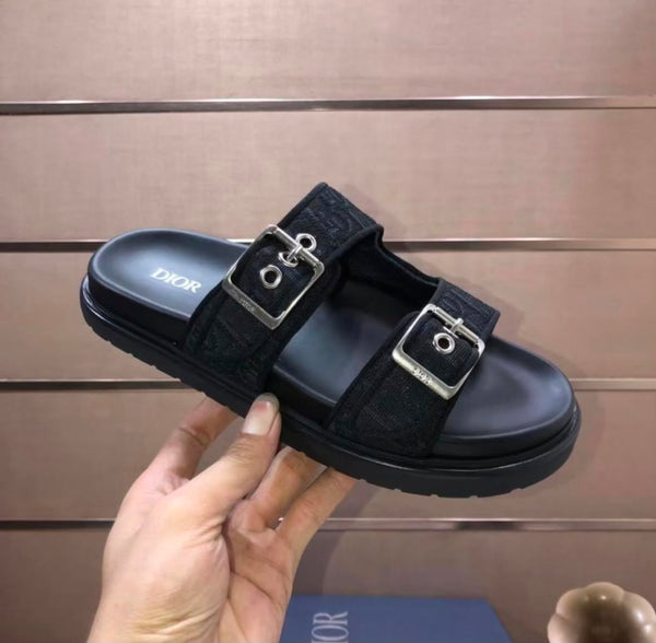 Black Double Buckle Flat Sandals for Men