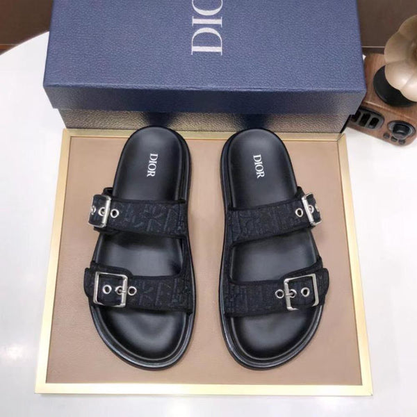 Black Double Buckle Flat Sandals for Men