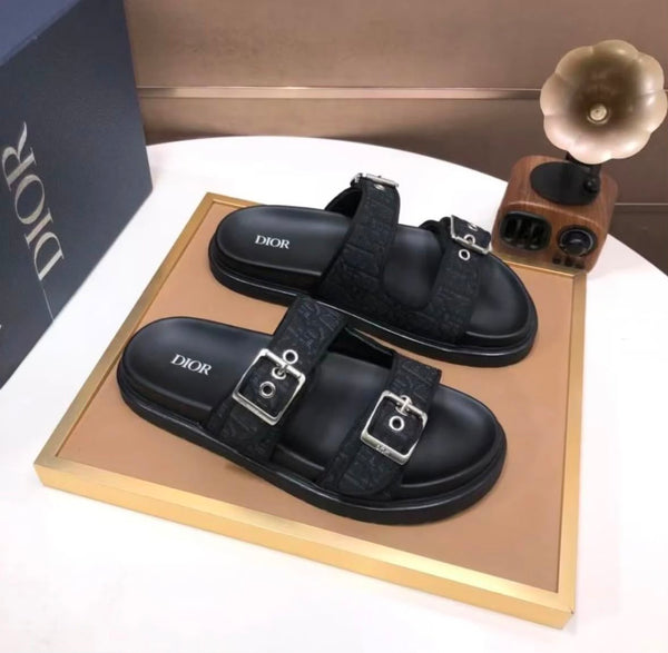 Black Double Buckle Flat Sandals for Men