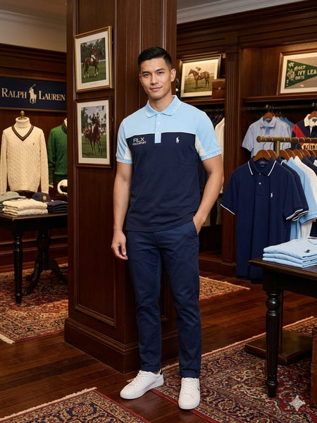 Men’s Stylish Blue & Navy Color-Block Polo T-Shirt