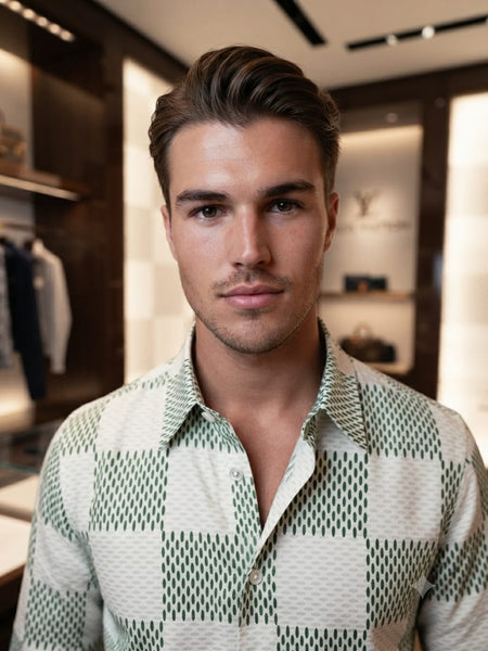 Men’s Premium White & Green Geometric Print Full-Sleeve Shirt