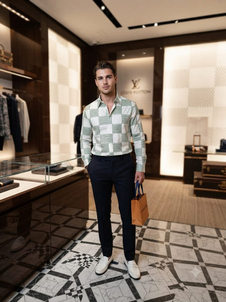 Men’s Premium White & Green Geometric Print Full-Sleeve Shirt