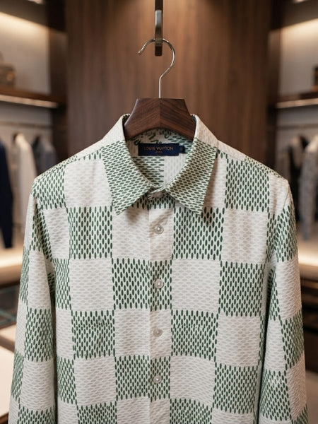 Men’s Premium White & Green Geometric Print Full-Sleeve Shirt