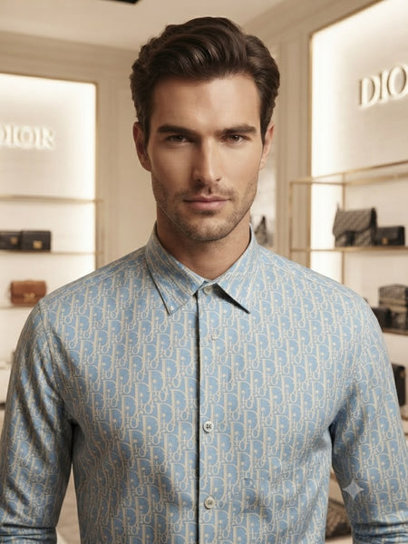 Men’s Premium Light Blue Monogram Print Full-Sleeve Shirt