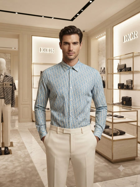 Men’s Premium Light Blue Monogram Print Full-Sleeve Shirt