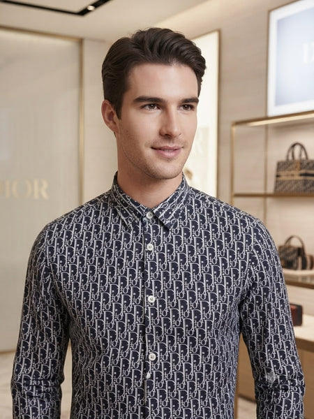 Men’s Premium Navy Blue & White Monogram Print Full-Sleeve Shirt