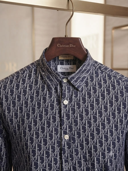 Men’s Premium Navy Blue & White Monogram Print Full-Sleeve Shirt