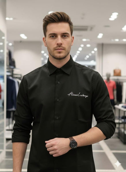 Men’s Premium Black Solid Shirt Minimal Logo Detail Smart Casual & Formal Wear