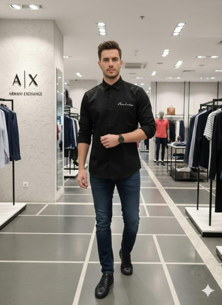 Men’s Premium Black Solid Shirt Minimal Logo Detail Smart Casual & Formal Wear