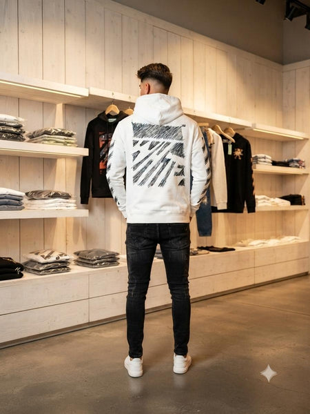 Premium White Graphic Sleeve Hoodie with Kangaroo Pocket