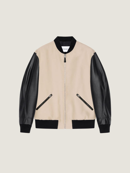 Premium Beige & Black Varsity Bomber Jacket – Stylish Full-Zip Jacket