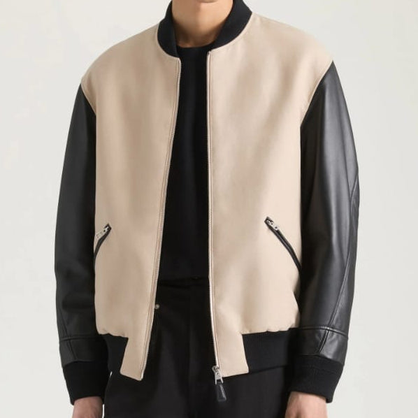 Premium Beige & Black Varsity Bomber Jacket – Stylish Full-Zip Jacket
