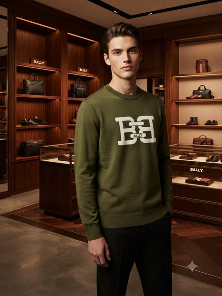Premium Olive Green Crew Neck Sweater – Stylish Logo Knitwear