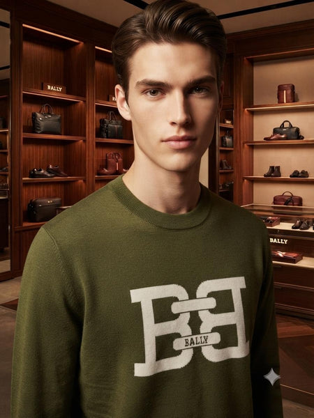 Premium Olive Green Crew Neck Sweater – Stylish Logo Knitwear