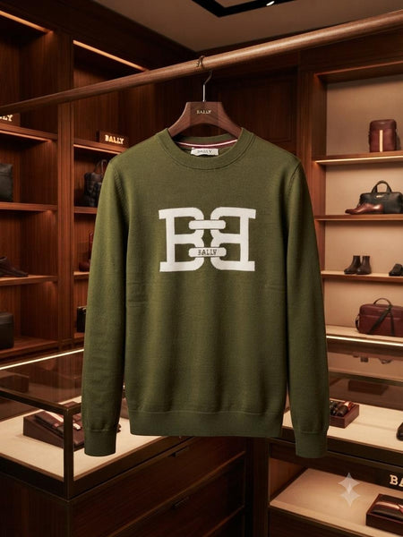 Premium Olive Green Crew Neck Sweater – Stylish Logo Knitwear