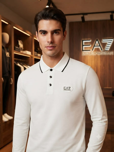Men’s Premium White Full-Sleeve Polo Shirt with Contrast Collar