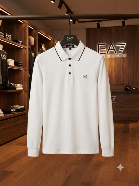 Men’s Premium White Full-Sleeve Polo Shirt with Contrast Collar