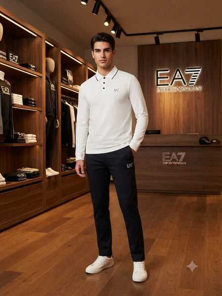 Men’s Premium White Full-Sleeve Polo Shirt with Contrast Collar